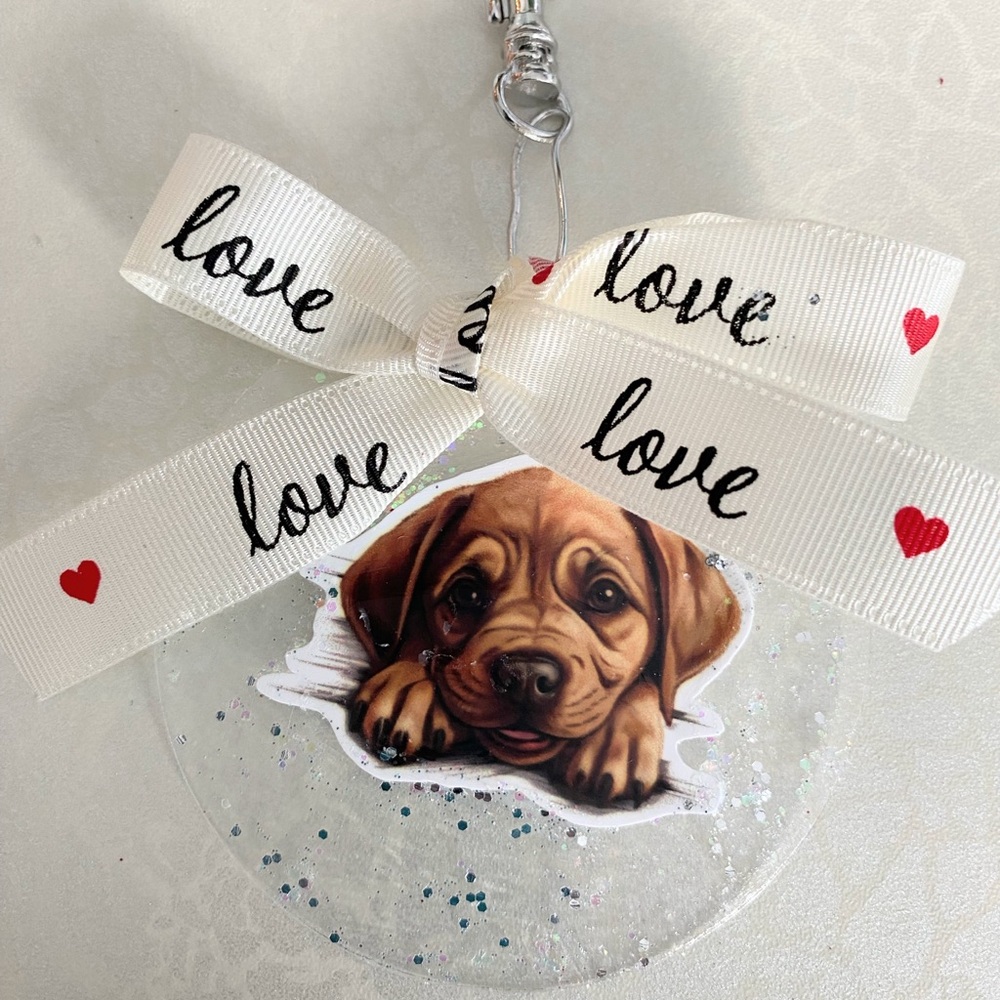 White 'Love' Ribbon Dog Ornament with Puppy Graphic